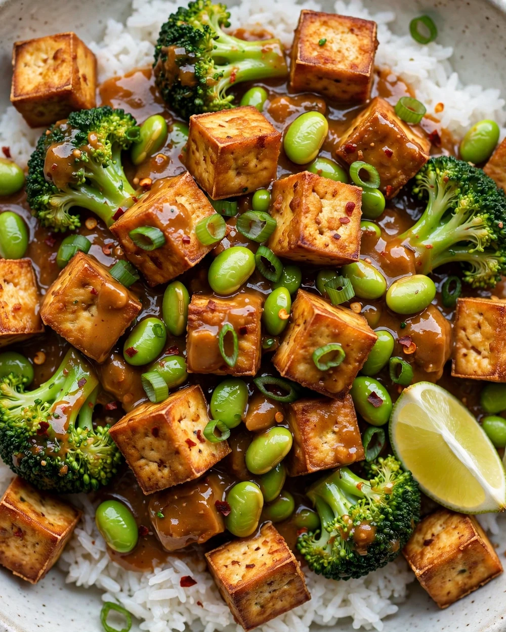Crispy Tofu and Edamame Peanut Stir-Fry over Rice