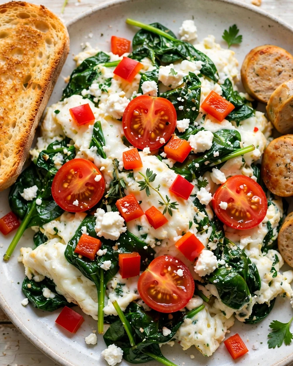 Egg White Veggie Scramble with Turkey Sausage and Sourdough Toast
